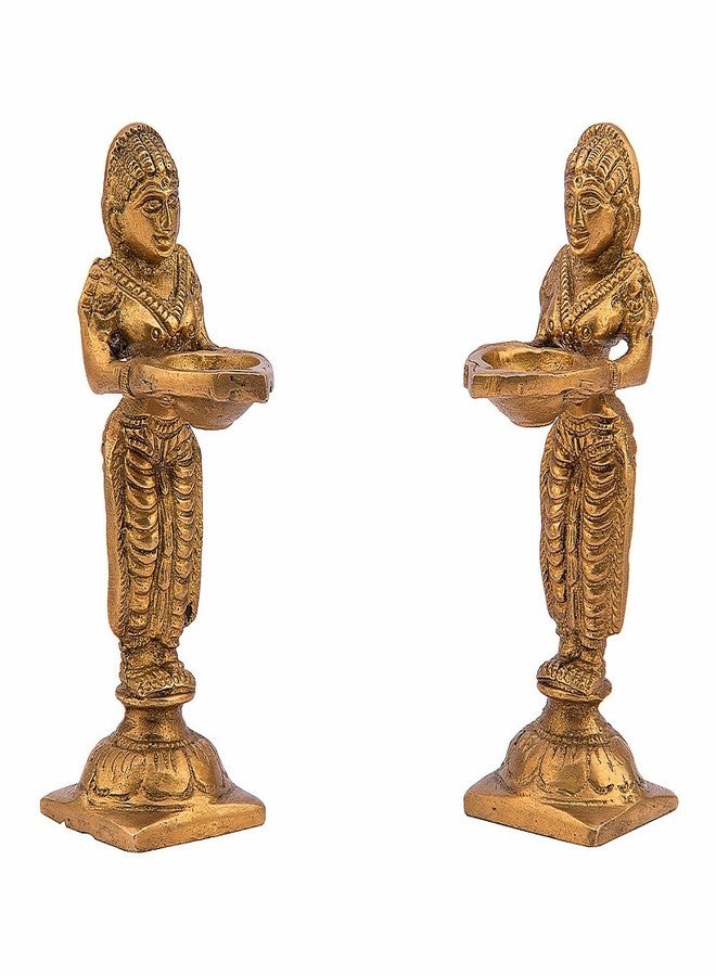 كارتيك مصباحان نحاسيان من كارتيك لغرفة الصلاة، ديفي ميناكشي (قطعتان)، يحملان مصباح زيت، هدية ديوالي لاكشمي، مصباح ديباك ديبام لتزيين المنزل والمعبد، ارتفاع 5 بوصات - Image 1